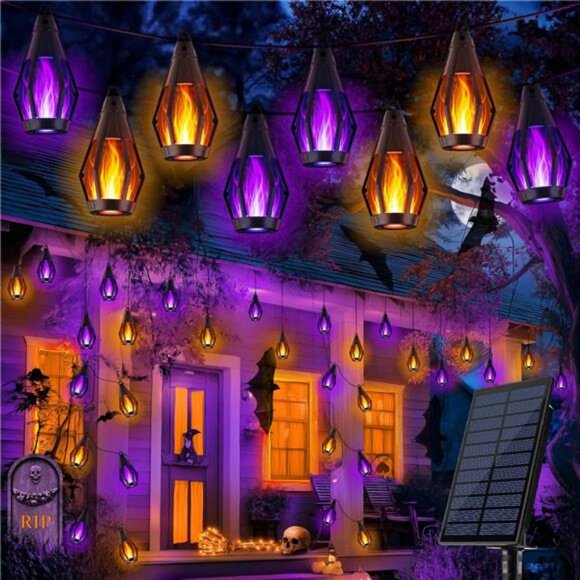 Solar Halloween Lights, 27Ft 10 LED Bulbs Flickering Flame String - Picture 1 of 7